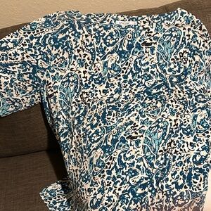 Chico's Teal and White Abstract Blouse, crew neck.  New never worn